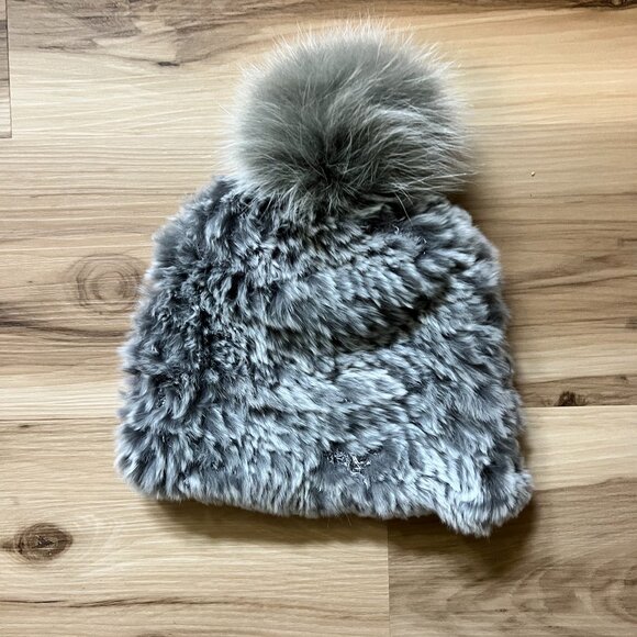 Rabbit Fur Hat with Fox Pom Pom - Picture 1 of 2